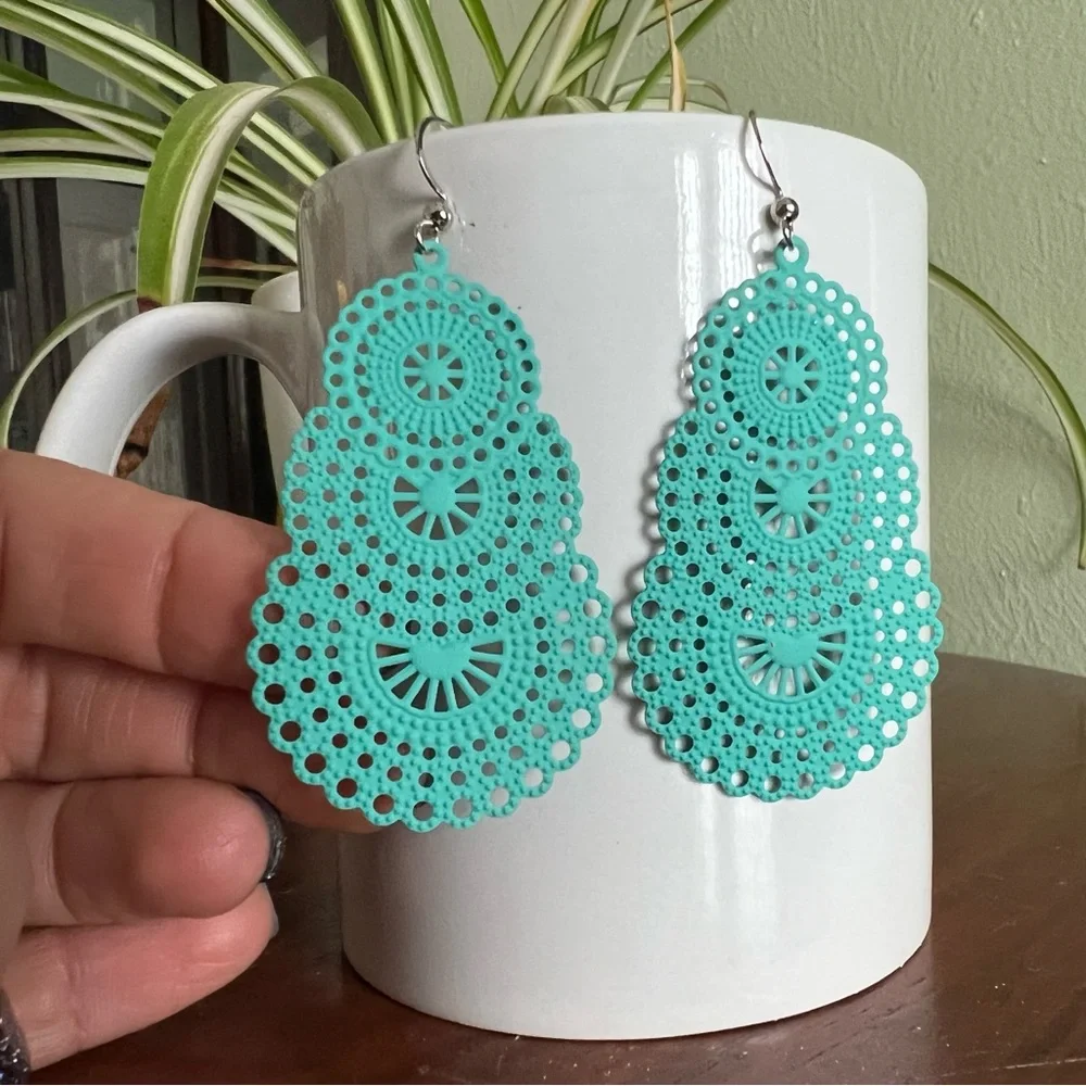 NWT Teal Filigree Boho Style Dangle Earrings - Picture 2 of 2